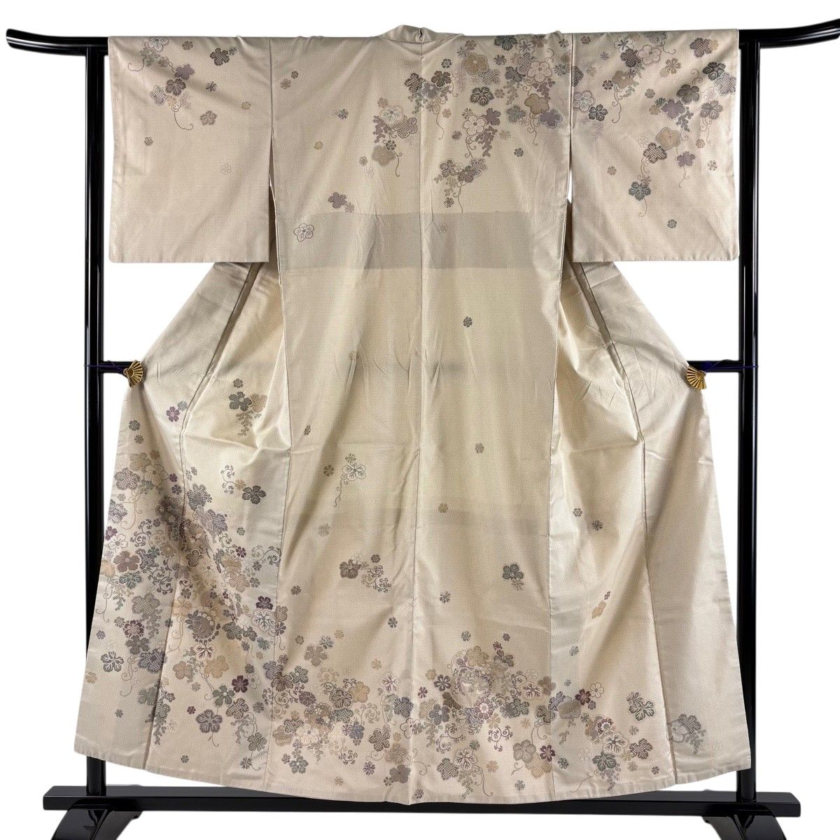 【美品】 訪問着 身丈155cm 裄丈62.5cm S 袷 紬地 やまと 葡萄 花鳥 ベージュ 正絹 秀品 【中古】