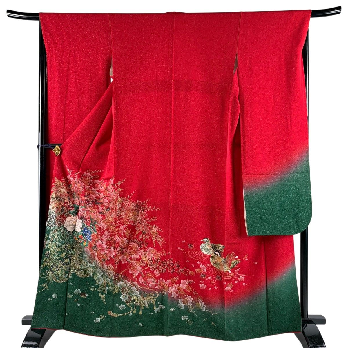美品】 振袖 身丈163.5cm 裄丈66cm M 袷 花車 枝梅 銀通し 金彩 赤 