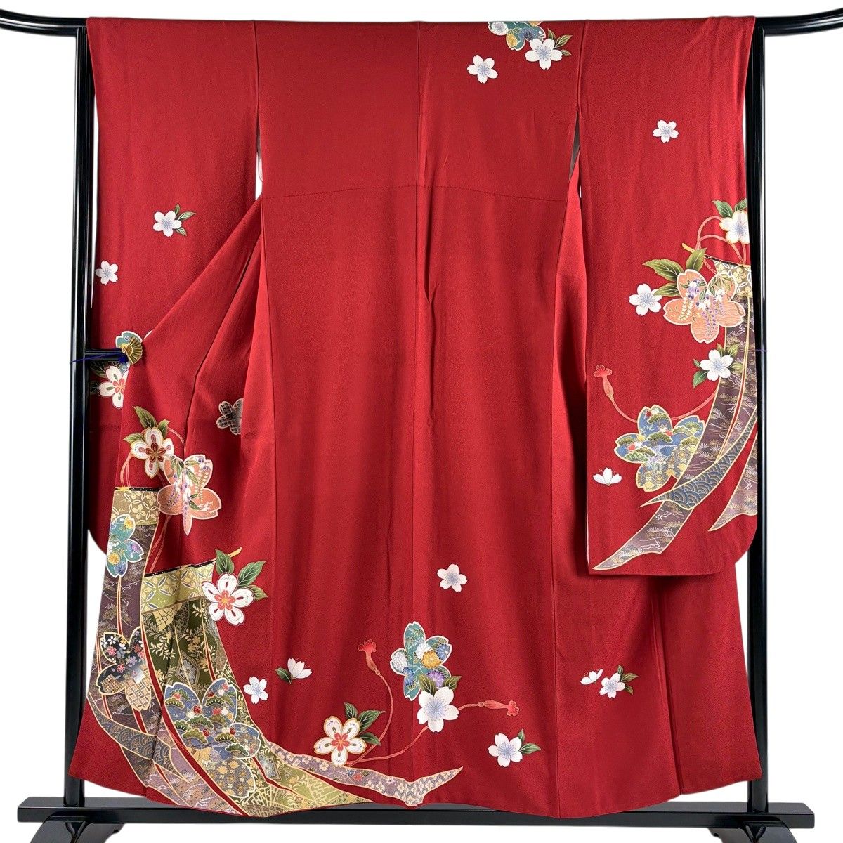 振袖 身丈154cm 裄丈64.5cm M 袷 几帳 桜 金彩 赤 正絹 秀品 【中古】