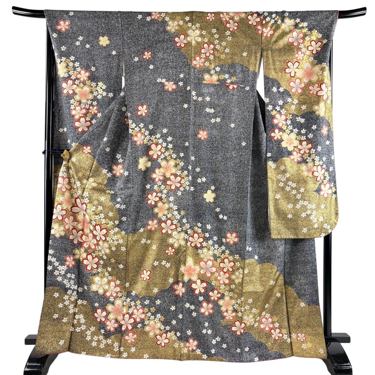 振袖 身丈166cm 裄丈68.5cm L 袷 桜 雲文 金彩 黒灰 正絹 秀品 【中古】