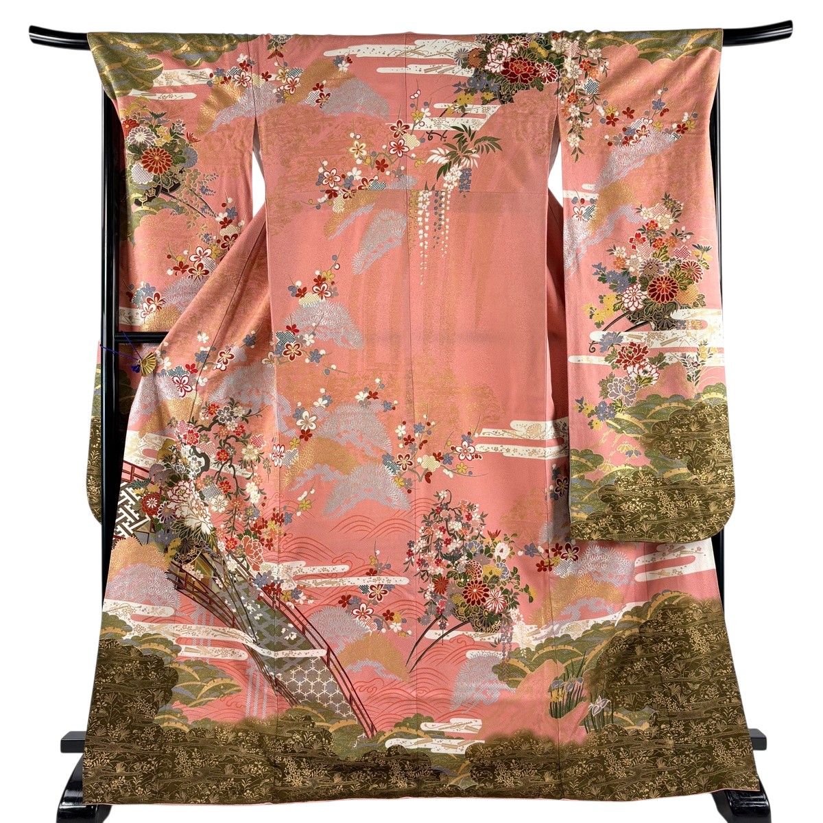 振袖 身丈170cm 裄丈67cm M 袷 花車 橋 金糸 金銀彩 ピンク 正絹 秀品 【中古】
