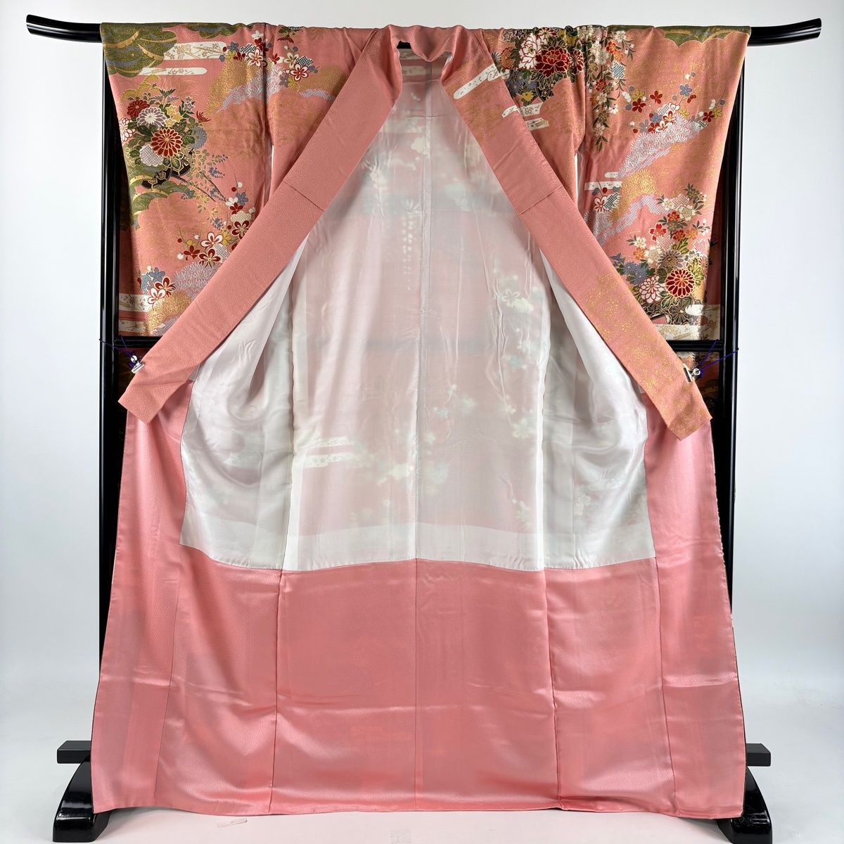 振袖 身丈170cm 裄丈67cm M 袷 花車 橋 金糸 金銀彩 ピンク 正絹 秀品 