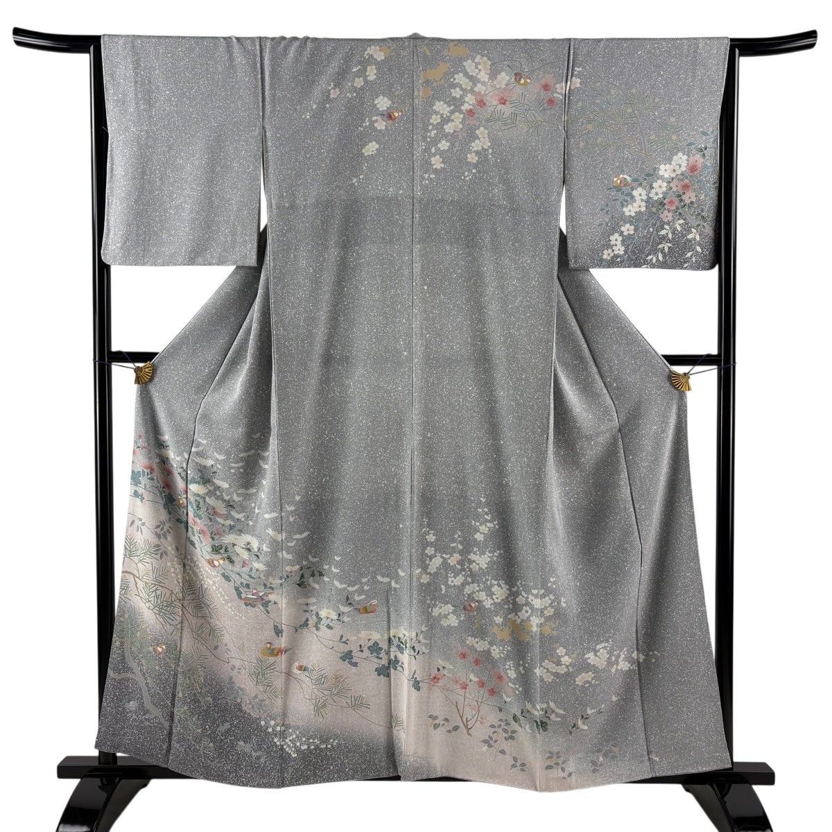 【美品】 訪問着 身丈159cm 裄丈63cm S 袷 菊 鳥 染め分け ぼかし 灰色 正絹 秀品 【中古】