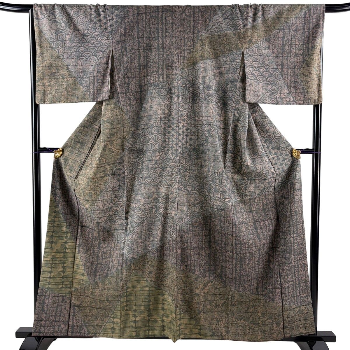 訪問着 身丈159cm 裄丈67.5cm L 袷 紬地 花唐草 青海波 茶緑色 正絹 秀品 【中古】