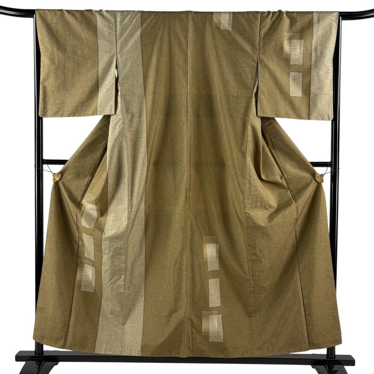 【美品】 付下げ 身丈156cm 裄丈64.5cm M 袷 紬地 縞 幾何学模様 茶緑色 正絹 秀品 【中古】