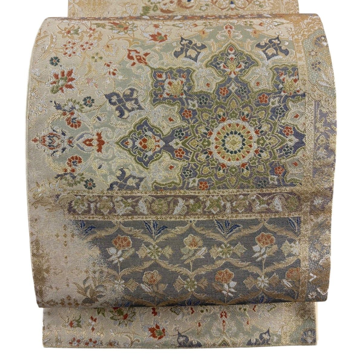 【美品】 袋帯 秀品 華文 草花 金糸 箔 ベージュ 六通 正絹 【中古】