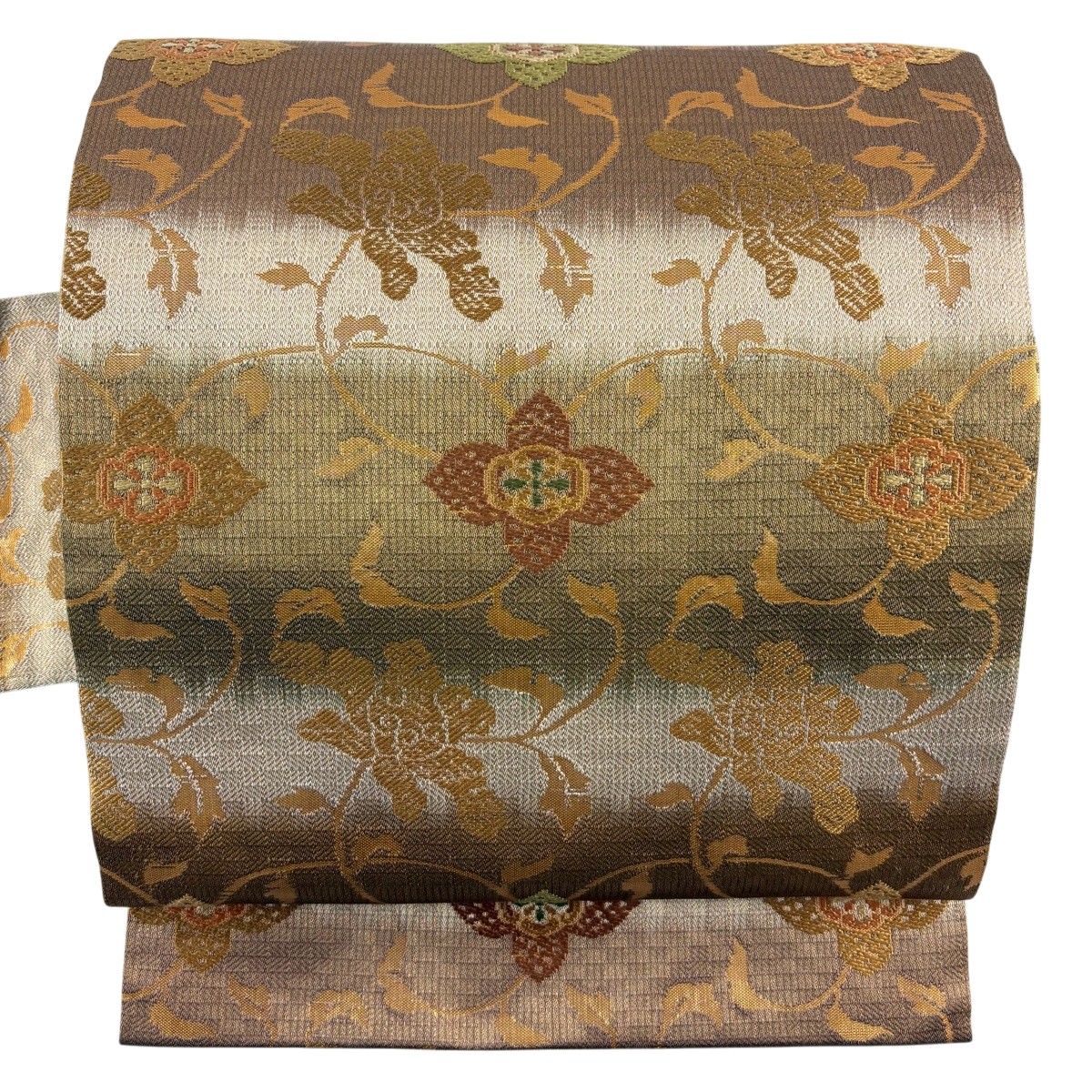 【美品】 名古屋帯 秀品 横段 花唐草 金通し 箔 山吹茶色 正絹 【中古】