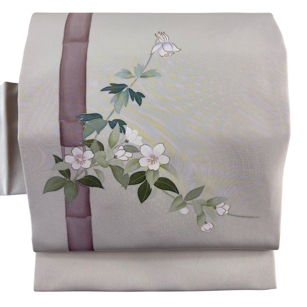 【美品】 名古屋帯 秀品 草花 竹 金彩 薄緑 正絹 【中古】