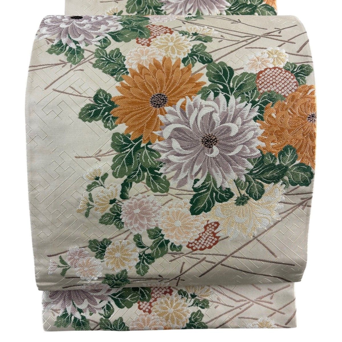 【美品】 袋帯 秀品 貝島はるみ 落款 菊 松葉 箔 ベージュ 六通 正絹 【中古】