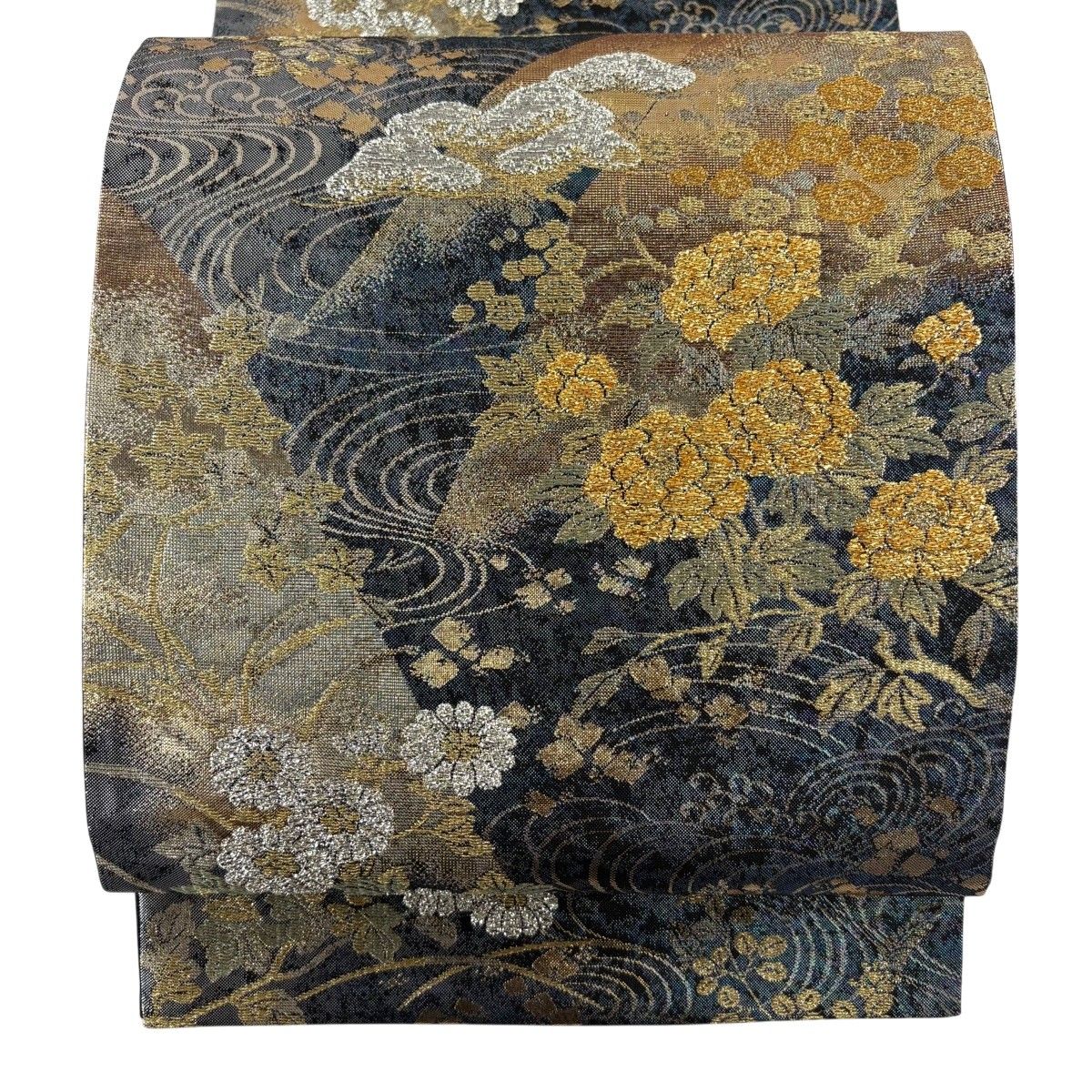 【美品】 袋帯 秀品 草花 山並み 箔 青黒 六通 正絹 【中古】
