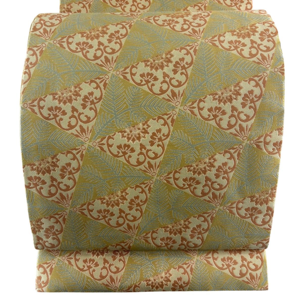 【美品】 開き名古屋帯 秀品 華文 若松 金糸 山吹茶色 正絹 【中古】