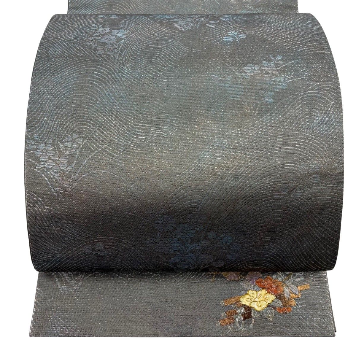 【美品】 袋帯 秀品 秋草 波 箔 螺鈿 茶緑色 六通 正絹 【中古】