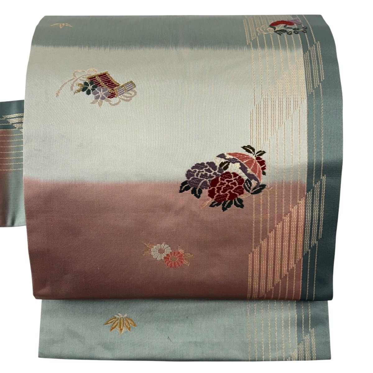 名古屋帯 秀品 花笠 縞 白 灰緑 正絹 【中古】