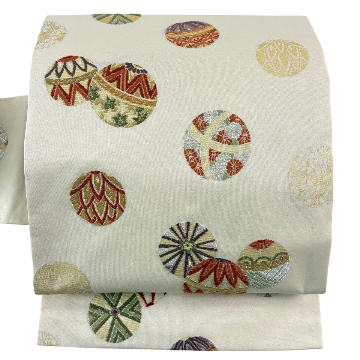 名古屋帯 秀品 手鞠 菊 金糸 箔 ベージュ 正絹 【中古】