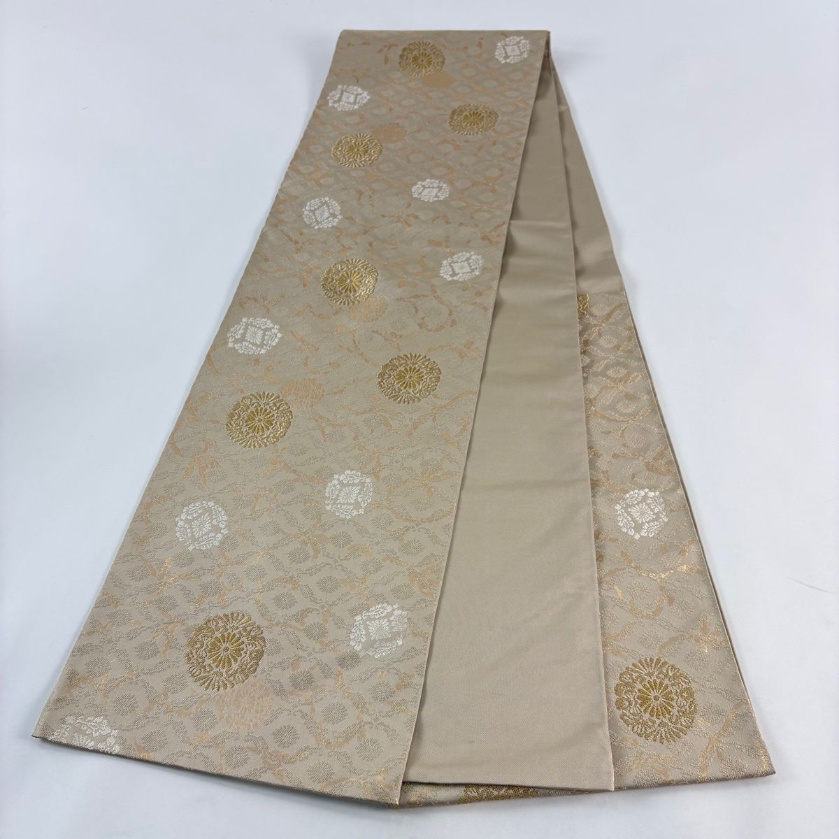 美品】 袋帯 秀品 本袋 花唐草 花菱 箔 金糸 薄茶色 六通 正絹 【中古