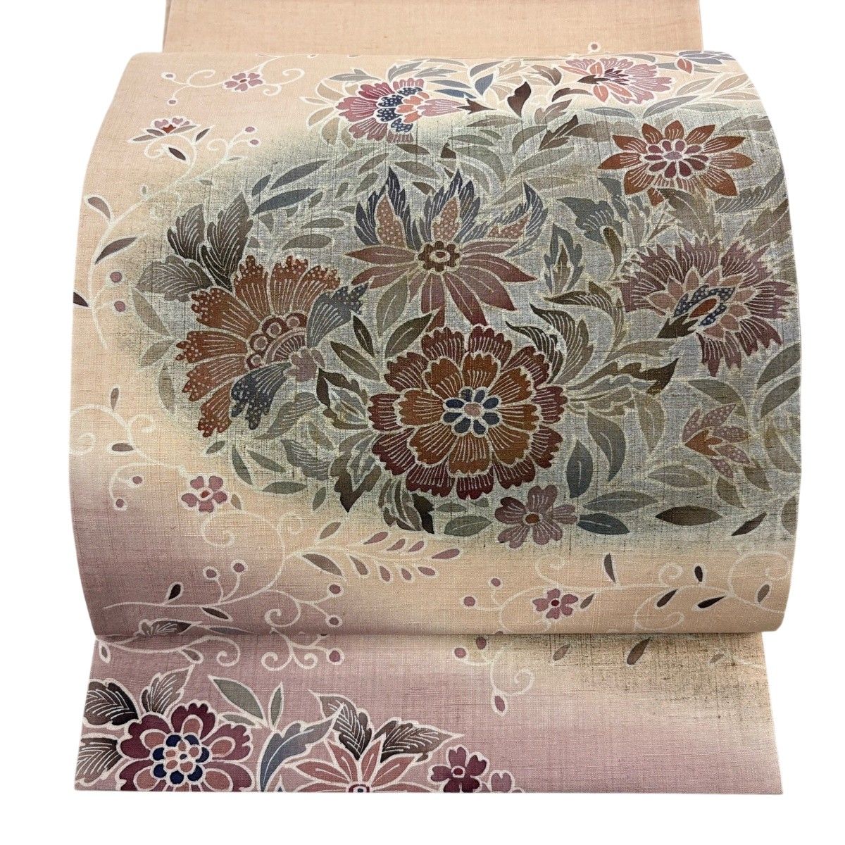 【美品】 袋帯 秀品 落款 紬地 草葉 花唐草 ベージュ お太鼓柄 正絹 【中古】