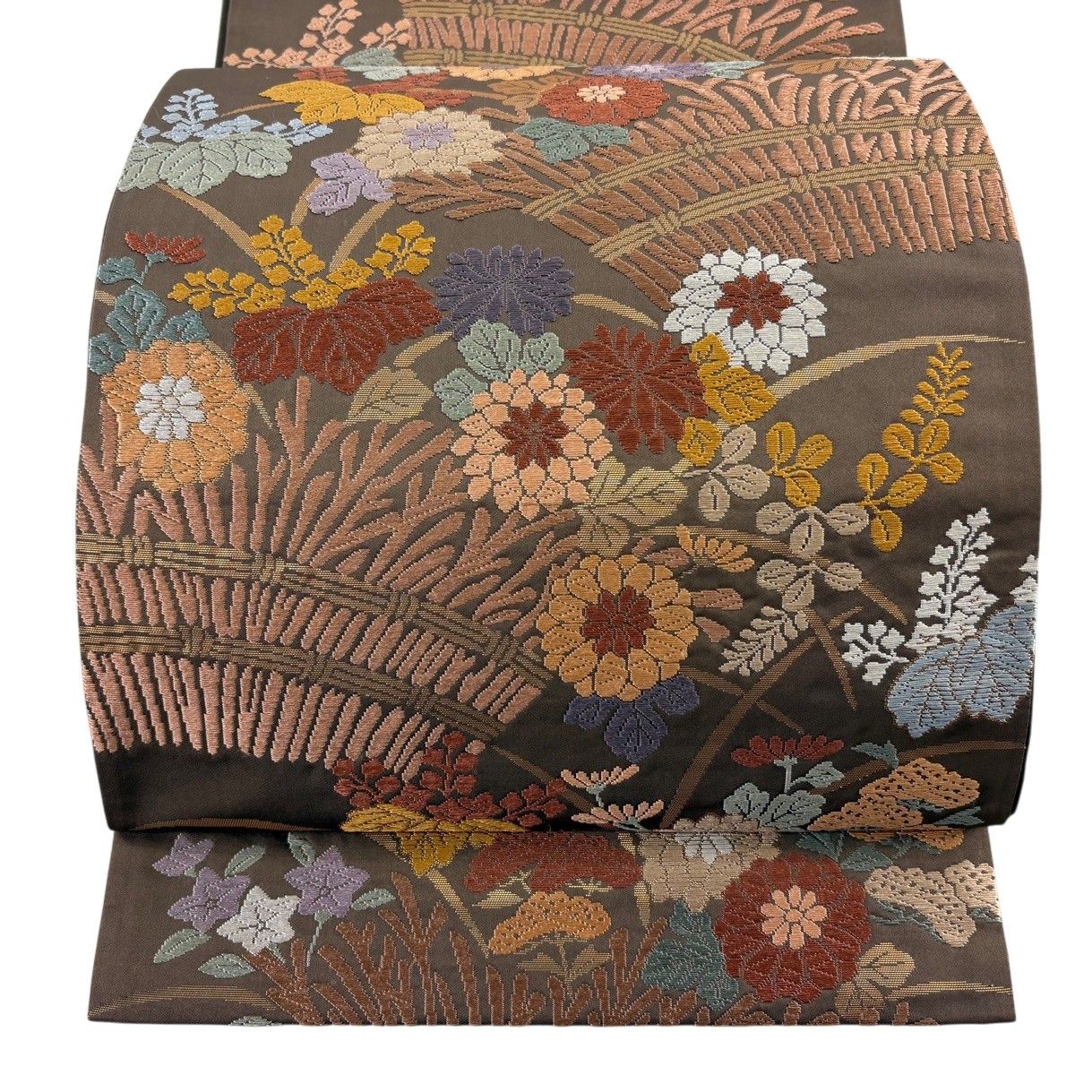 【美品】 袋帯 秀品 柴垣に菊桐文 唐織 箔 茶色 六通 正絹 【中古】