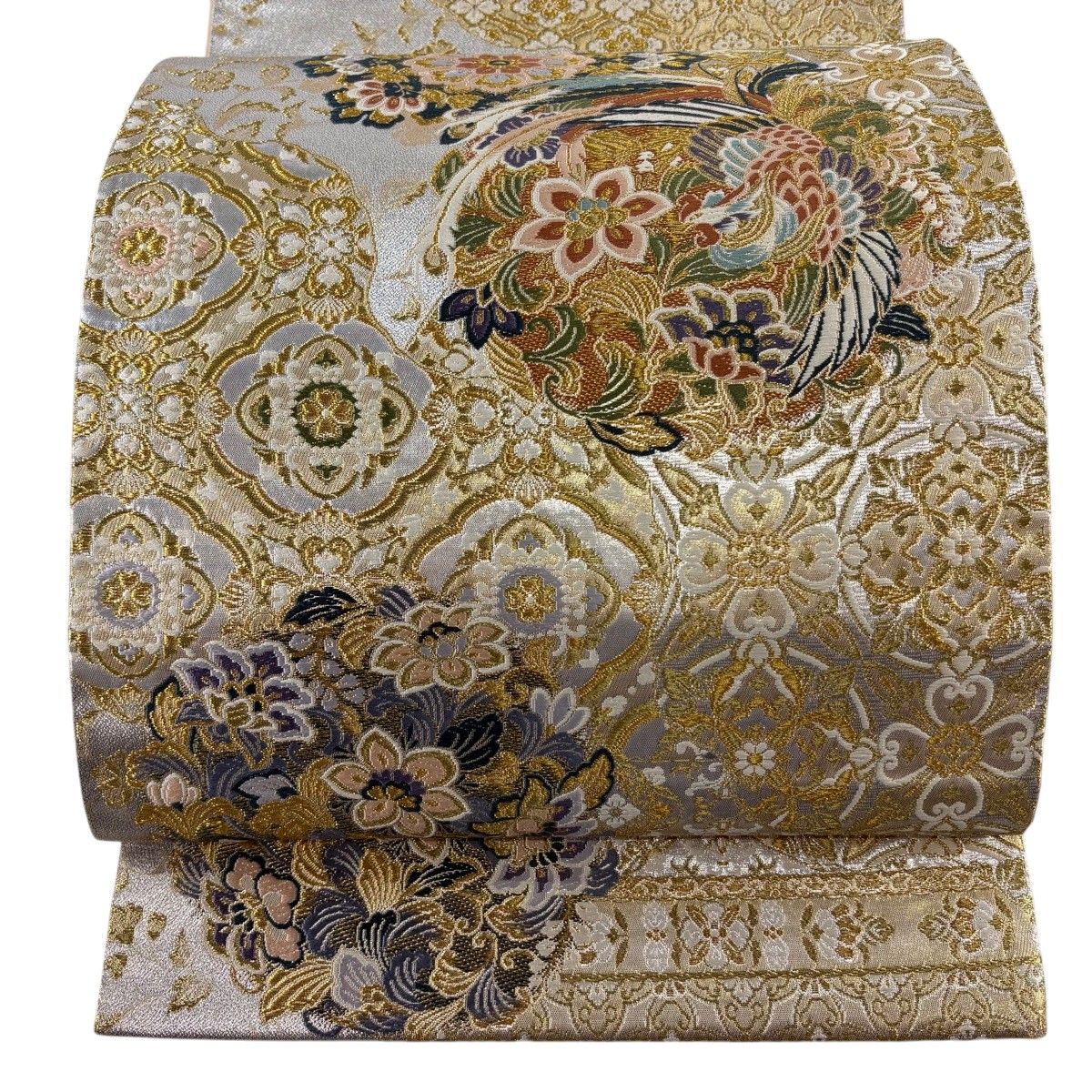 【美品】 袋帯 秀品 華文 鳳凰 金銀糸 箔 銀色 六通 正絹 【中古】