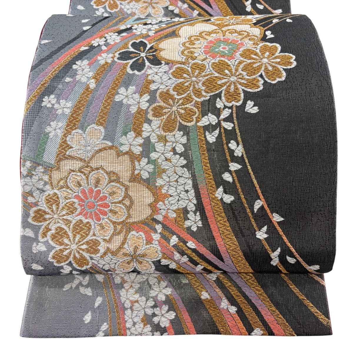 【美品】 袋帯 秀品 桜 花びら 唐織 金糸 黒灰 六通 正絹 【中古】