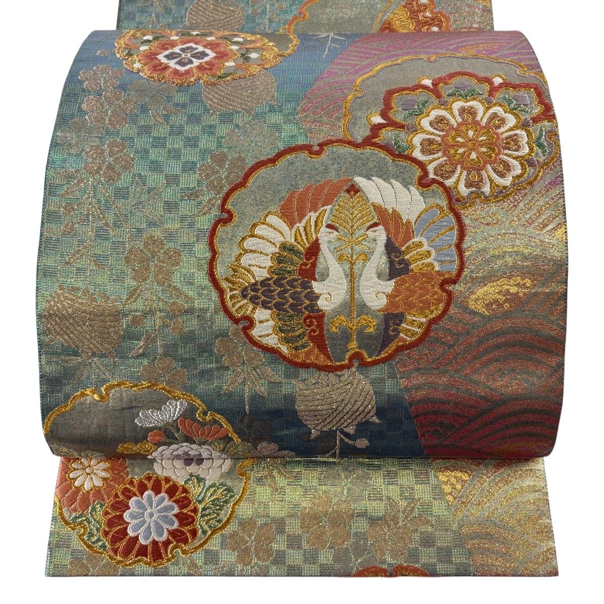 【美品】 袋帯 秀品 落款 雪輪 向かい鶴 唐織 箔 青緑 六通 正絹 【中古】