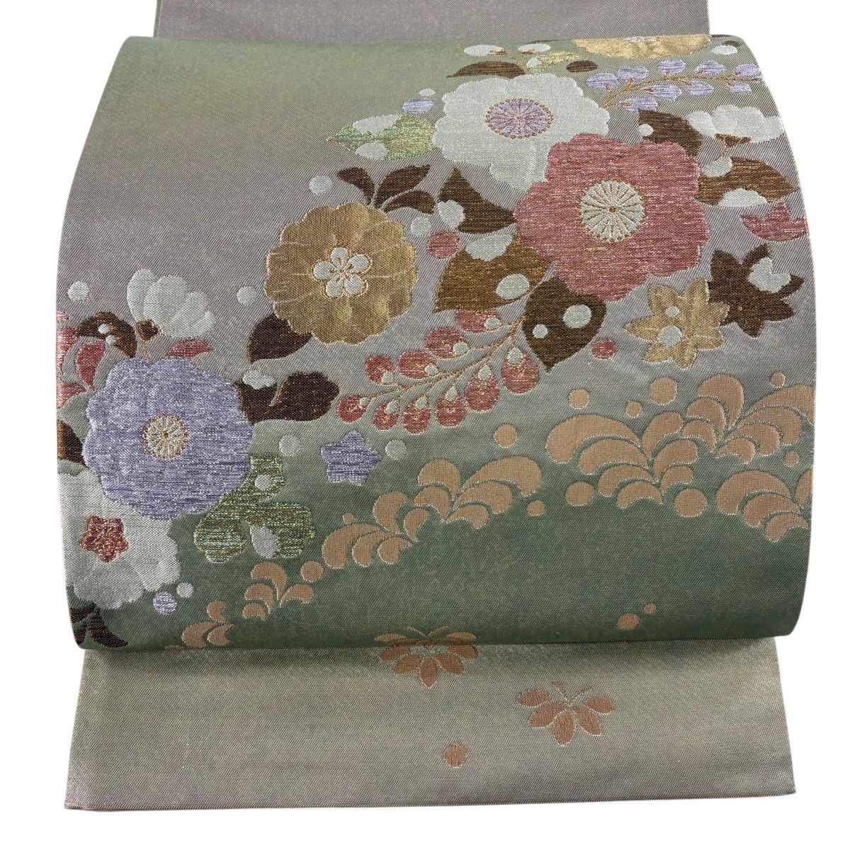 【美品】 袋帯 秀品 草花 金銀糸 箔 抹茶色 お太鼓柄 正絹 【中古】