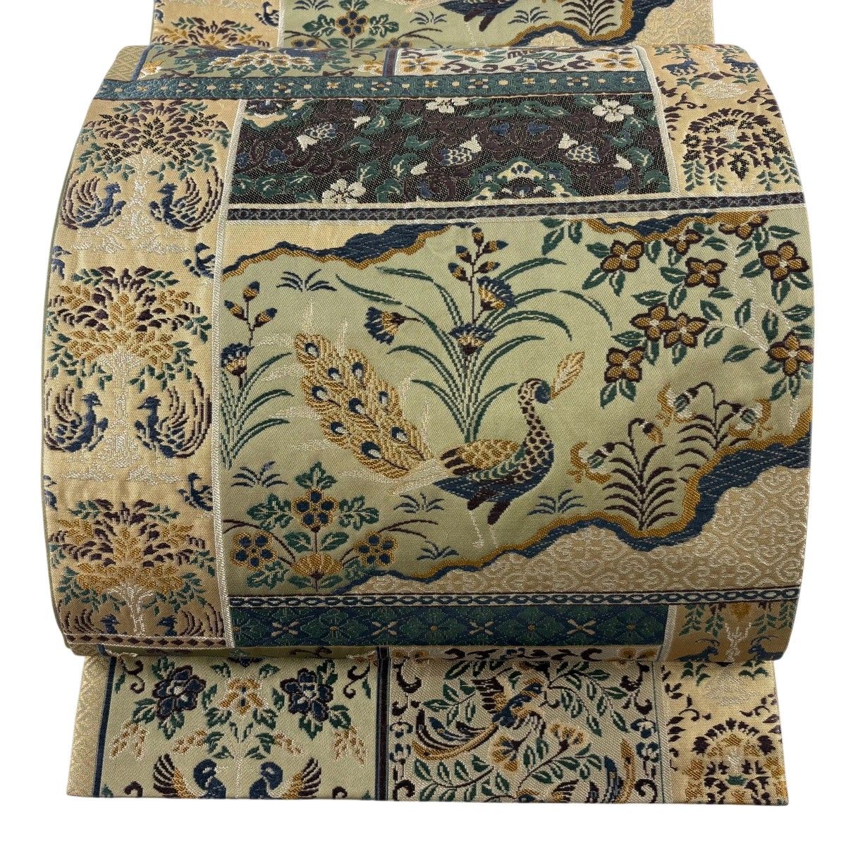 【美品】袋帯 秀品 新正倉院錦 本草木染帯 孔雀 花唐草 箔 金糸 茶緑色 六通 正絹 【中古】
