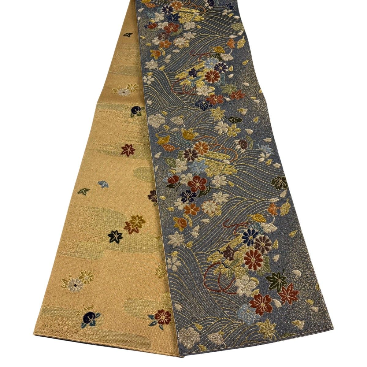 【美品】半幅帯 秀品 花筏 波 金糸 箔 灰色 正絹 【中古】