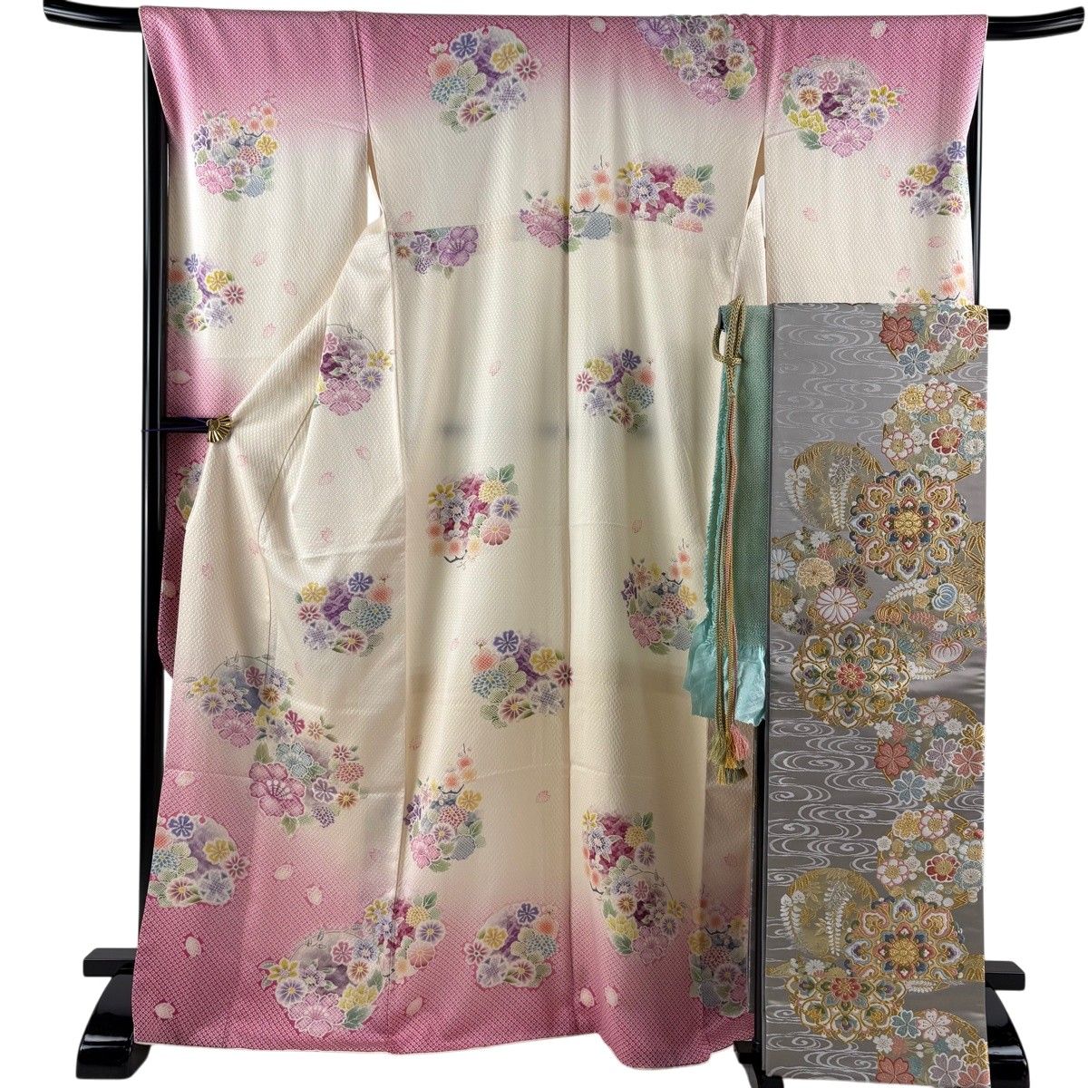 美品】 振袖 身丈168cm 裄丈68cm L 袷 袋帯フルセット 花丸文 疋田