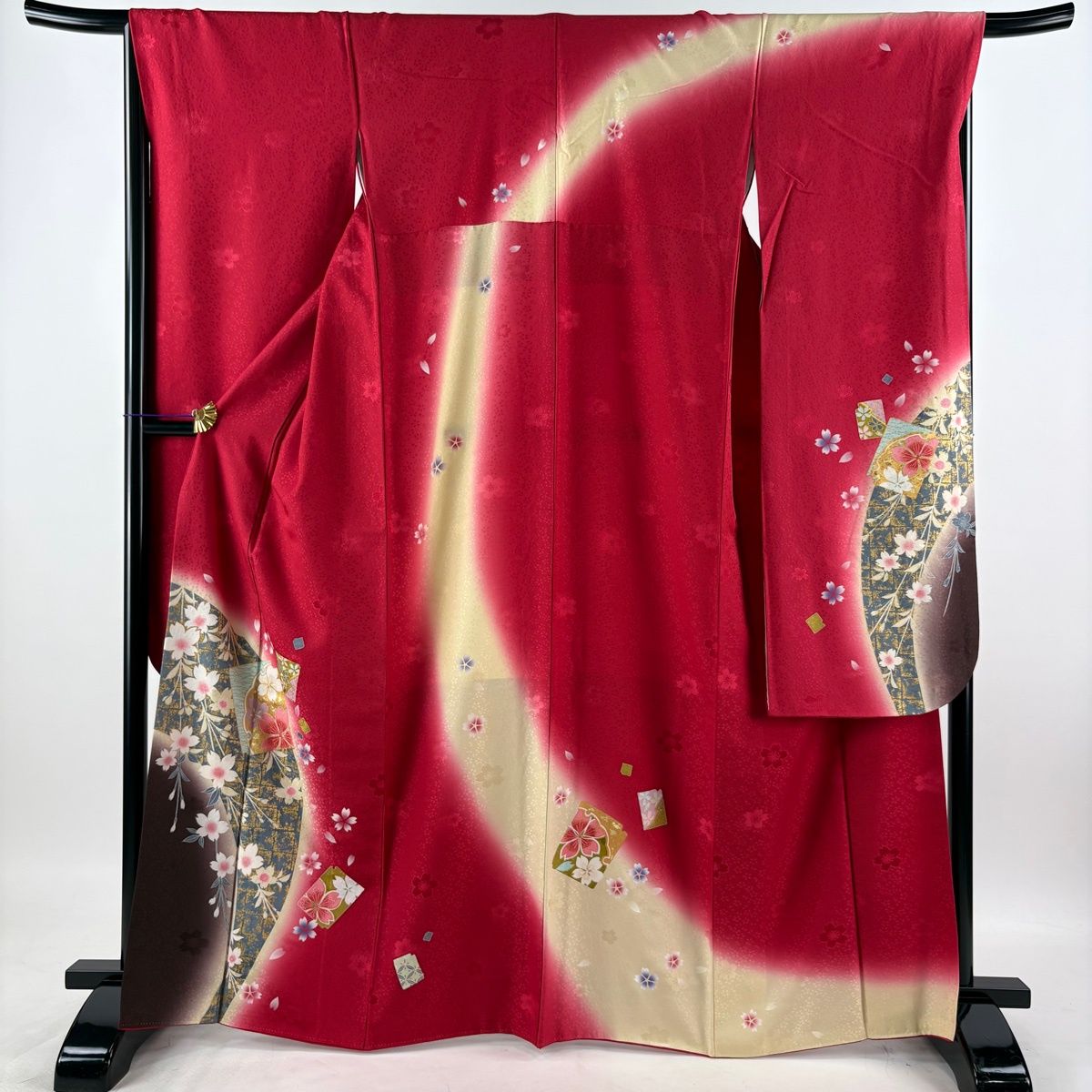 美品】 振袖 身丈165.5cm 裄丈68cm L 袷 袋帯フルセット 破れ色紙 桜