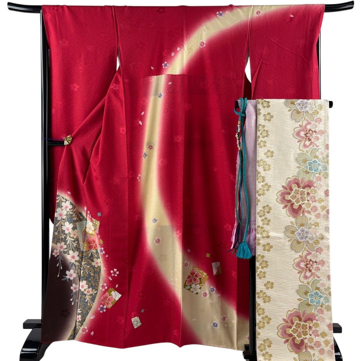 美品】 振袖 身丈165.5cm 裄丈68cm L 袷 袋帯フルセット 破れ色紙 桜