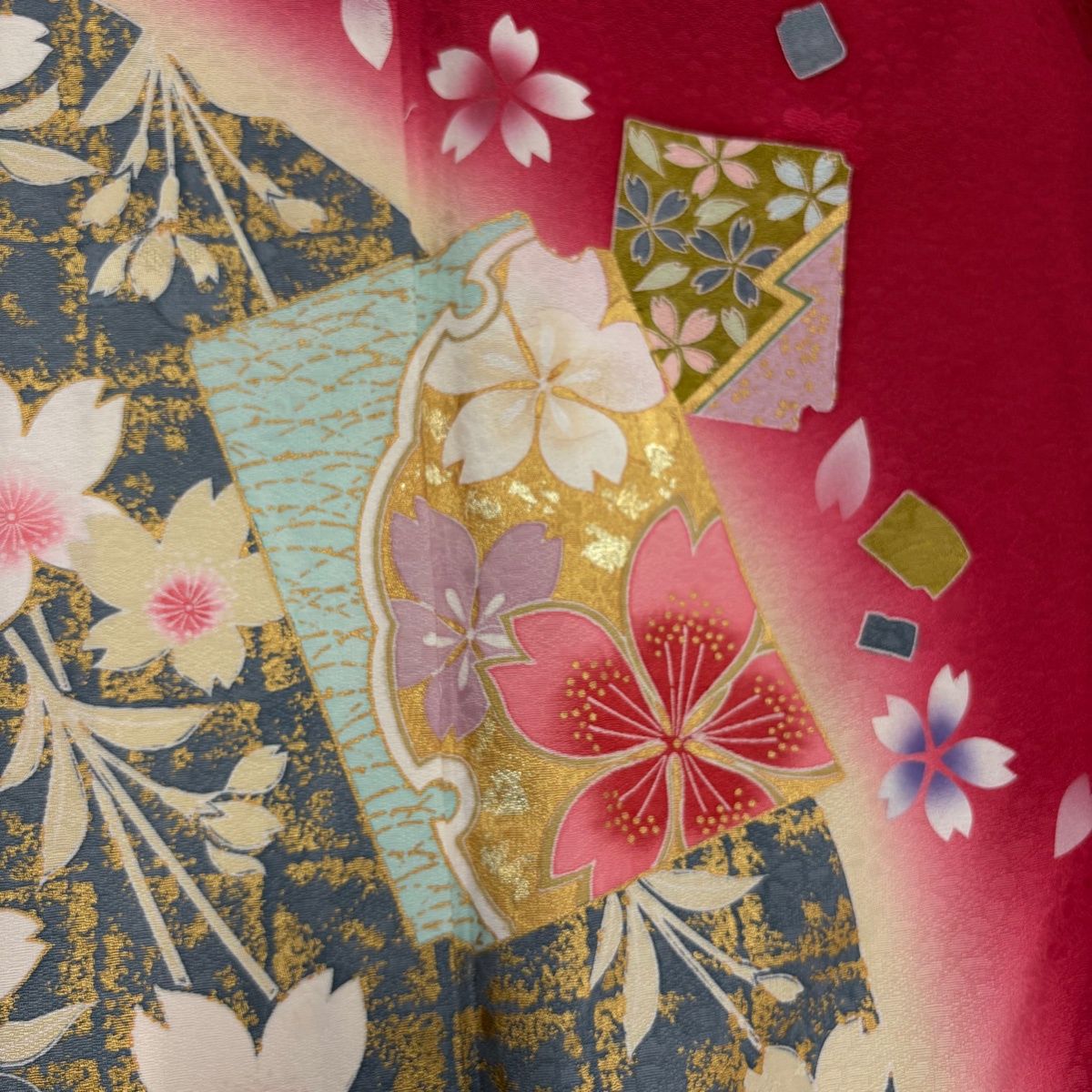 美品】 振袖 身丈165.5cm 裄丈68cm L 袷 袋帯フルセット 破れ色紙 桜