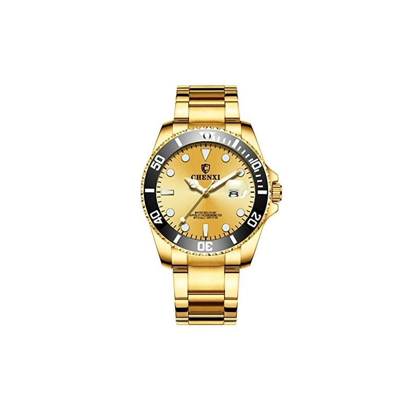 【新品】 O.H 腕時計 30M防水 ダイバーズ ウォッチ デイト 日付 発光 逆回転防止 ベゼル ダイアル メタルバンド クォーツ式 メンズ (ゴールド)