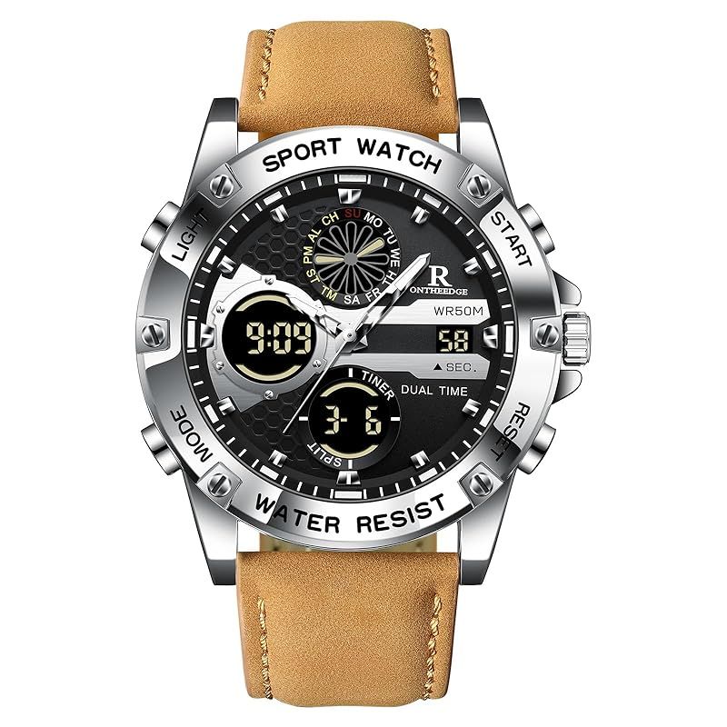 【新品】 腕時計 メンズ watch for men アナログデジタル クオーツ時計 5 気圧防水 蓄光 本革ベルト 多機能 日付 ストップウォッチ アラーム デュアルタイム ビジネス かっこいい 大きい文字盤 男性 紳士 就活 プレゼント(ブラウン)
