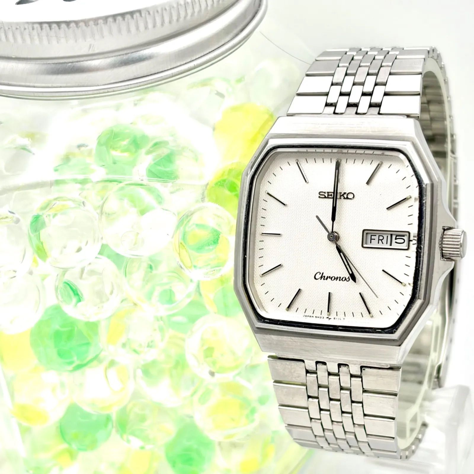 【新品電池】SEIKO セイコー Chronos クロノス メンズ 腕時計 オクタゴン シルバー デイデイト 5H23-5100 220539 純正ベルト