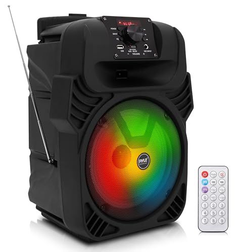 【Pyle 400WポータブルBluetooth PAスピーカー】- 8 インチ サブウーファーシステム、4Ω/55-20kHz、USB/MP3/FMラジオ/?マイク入力、マルチカラーLEDライト、リモコン付き充電式バッテリー内蔵 【安心！1 bf7ba4b5