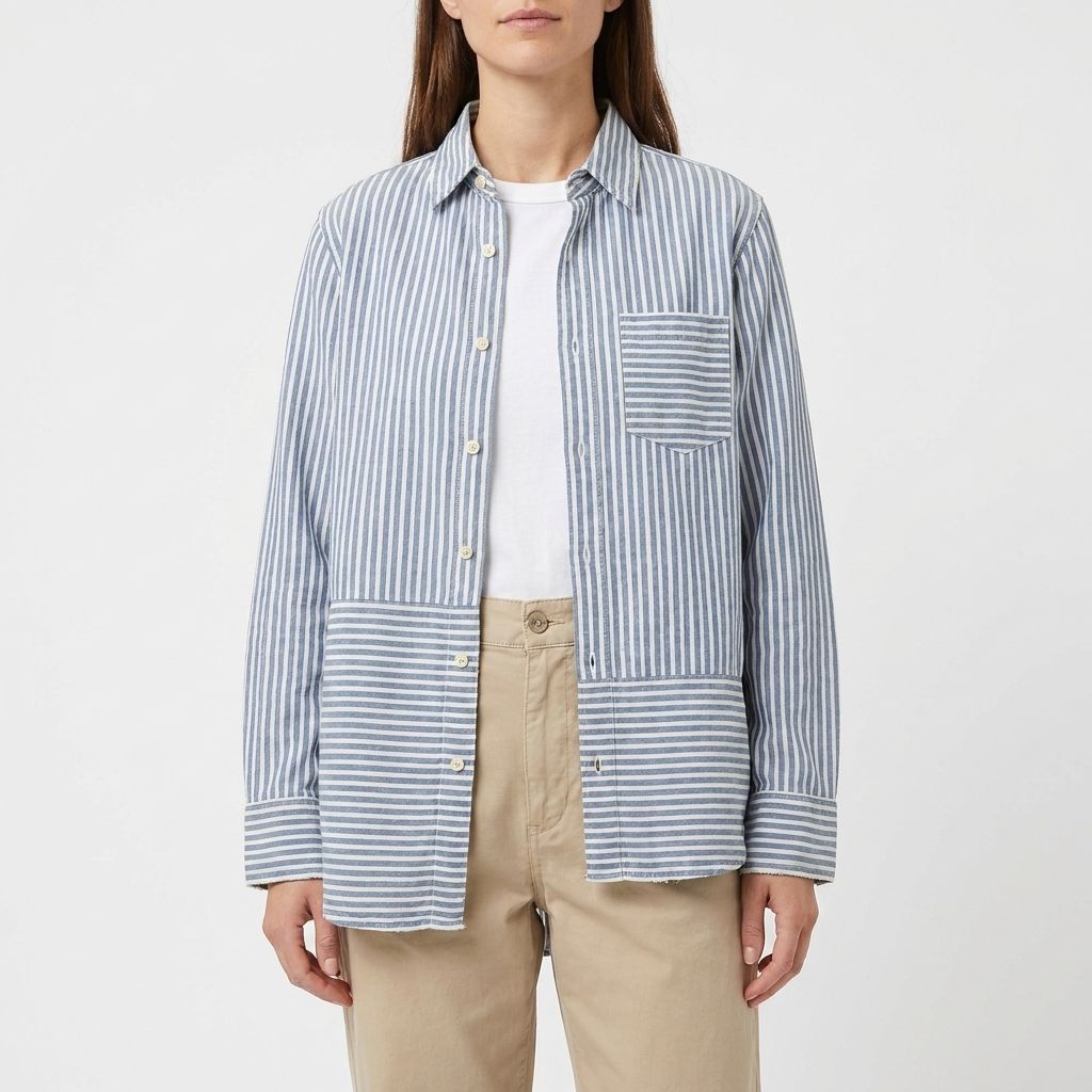 MACPHEE ブルー&ホワイト ストライプ柄 長袖シャツ 美品/リネン100 