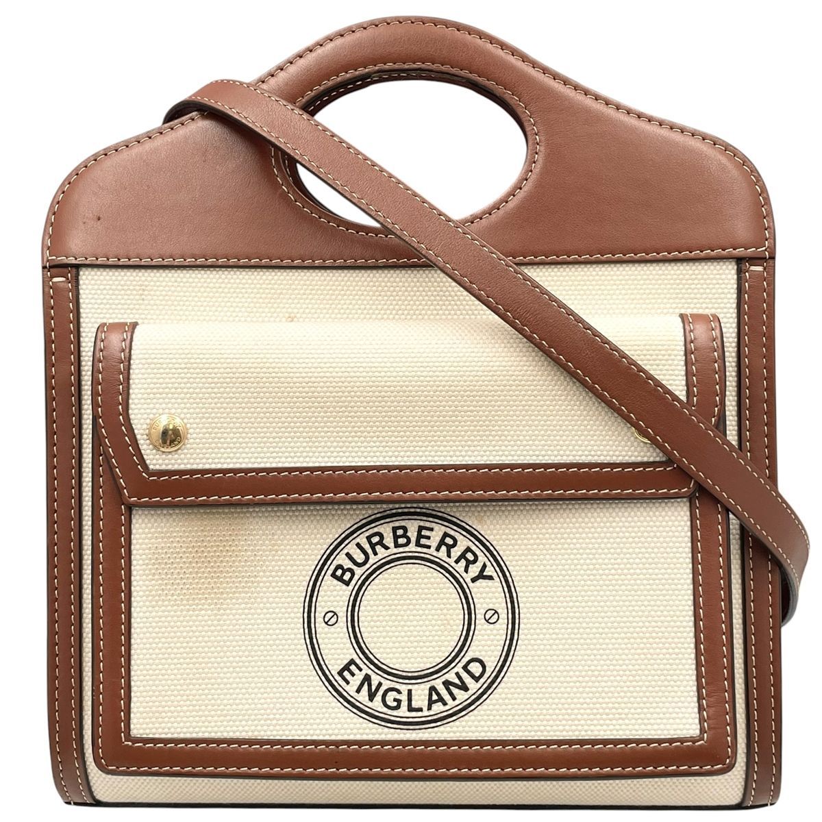【中古】 BURBERRY バーバリー キャンバス ミニポケットバッグ 80393611 ホワイト ブラウン 2way ミニトート ショルダーバッグ 26006420 MK