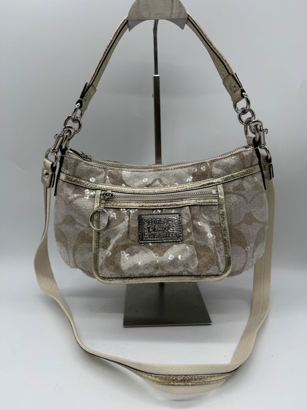 【良品】 COACH コーチ シグネチャー柄 スパンコール ポピー 2WAY ハンドル バッグ P2651