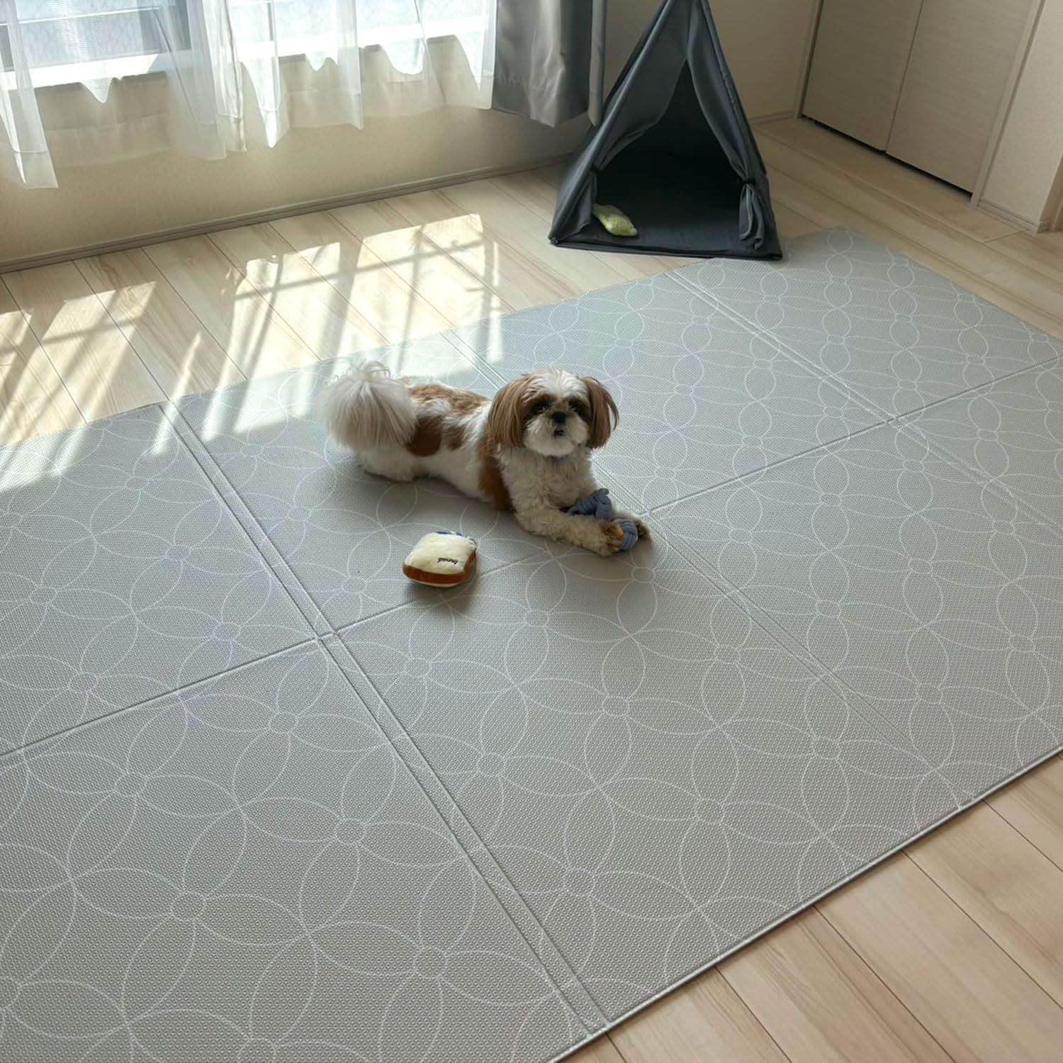 RK ペットマット 防水 PVC素材 折り畳み 大判 140×230cm カットできる 猫 犬用 国内抗菌検査実証&子供向け製品の品質検査実証 プレイマット フロアマット 床暖房対応 (ホワイトライン/Flower)mt 0515ad2b
