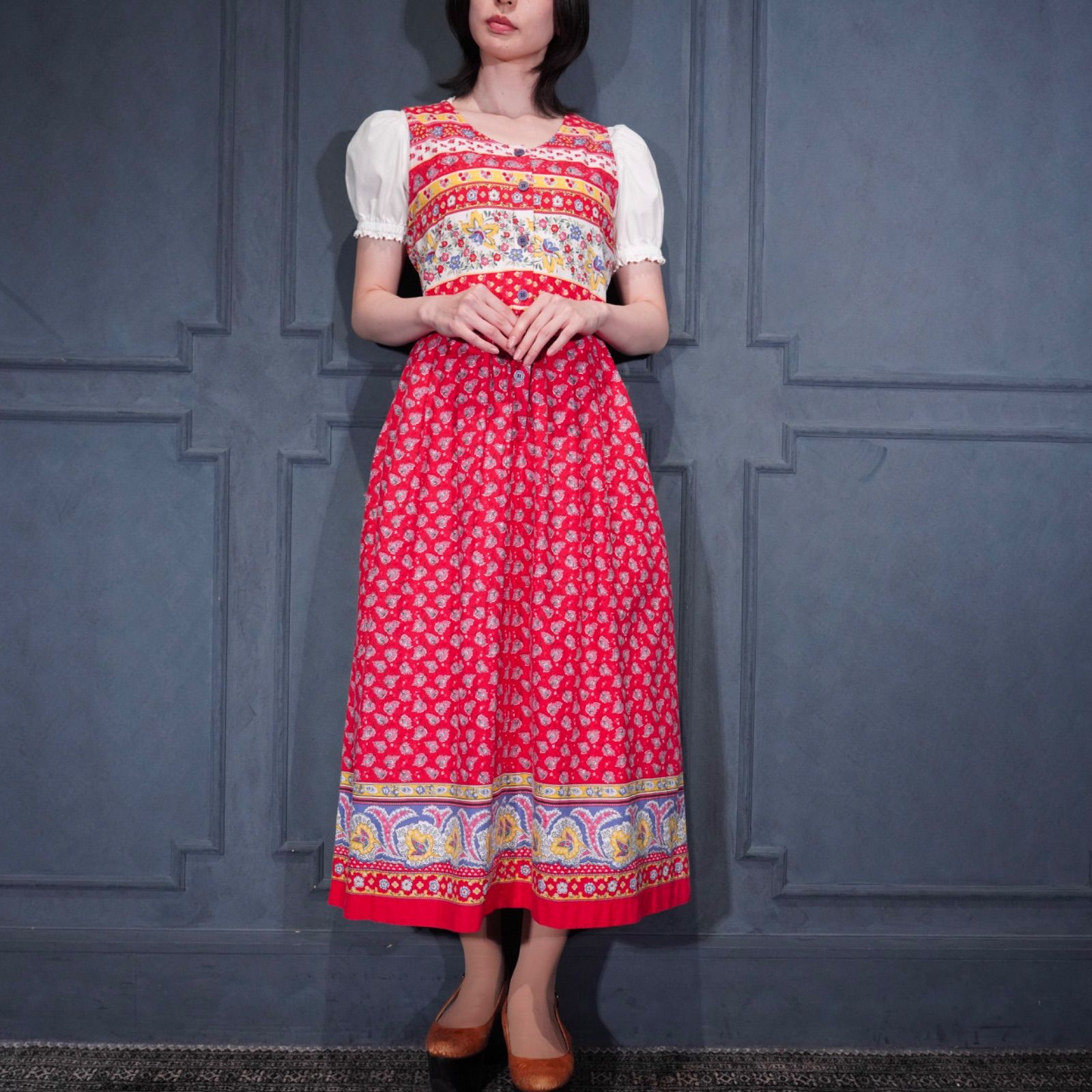 USA VINTAGE J.G.HOOK FLOWER PATTERNED BACK RIBBON DESIGN NO SLEEVE ONE PIECE/アメリカ古着お花柄バックリボンデザインノースリーブワンピース