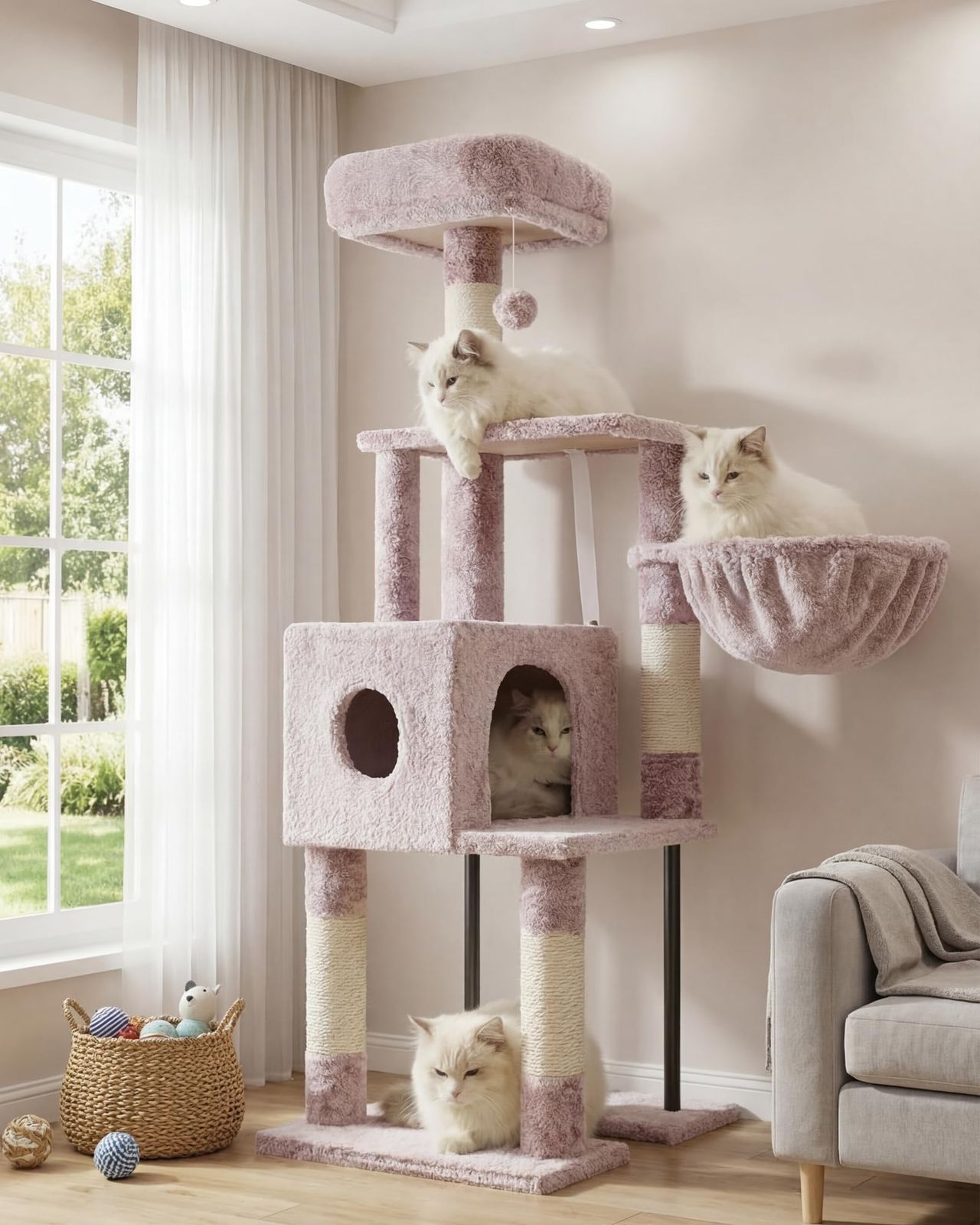 Heyblyキャットタワー 超スリム 高さ125cm 省スペース 猫タワー 高い安定性 展望台 柔らかいハンモック 据え置きタイプ シザル麻爪とぎポール ローズブラウン HCT200SMUmt 3dc25ae4