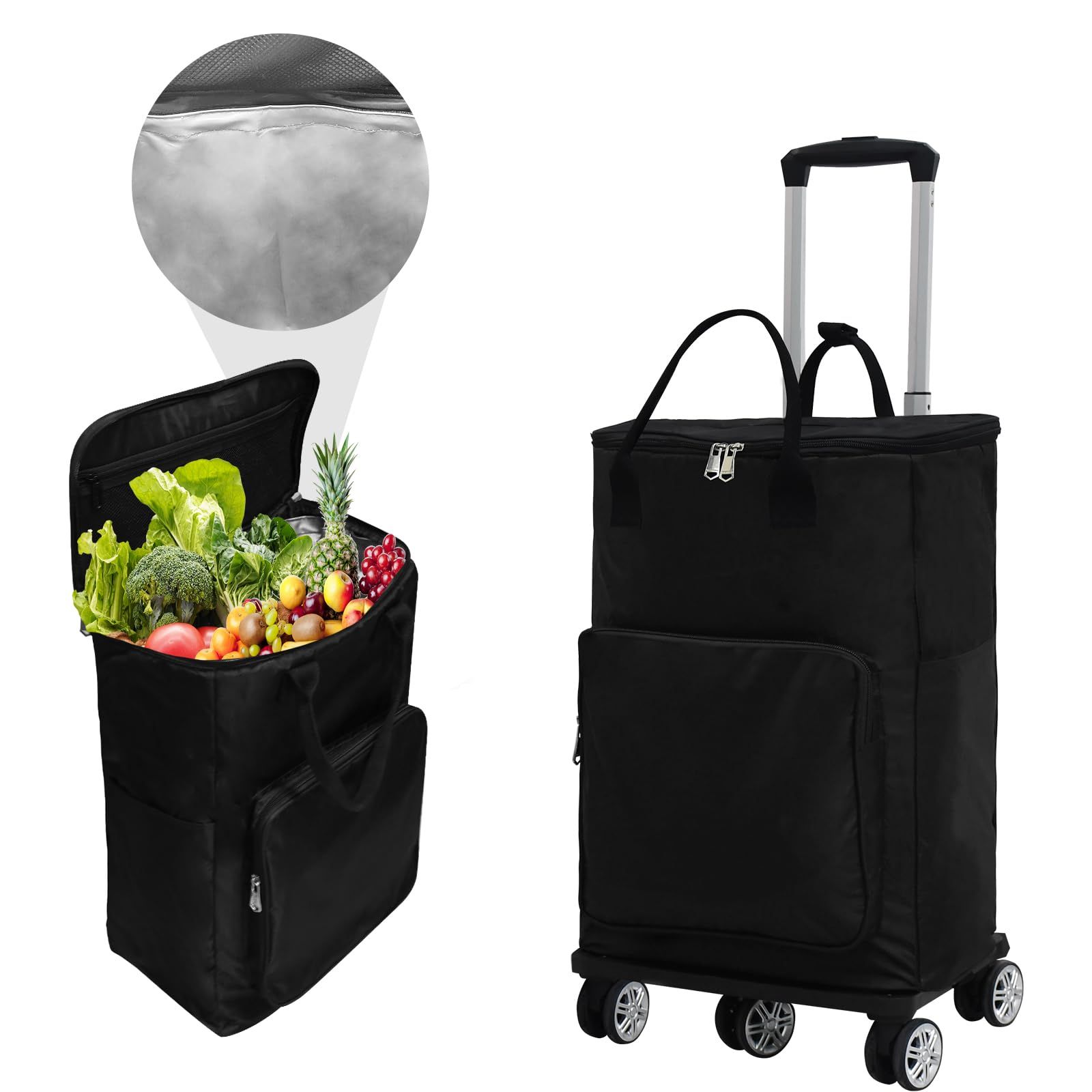 Vtuesxn【5輪+大容量45L+保冷機能付き+EVAライニング】ショッピングカート 買い物カート 横押し ショッピングカート 高齢者 長さ調節3段階 保冷機能付き 防水 360度回転 耐荷重35kg 大容量 収納便利 折り畳み式 買い物か 37071aa5