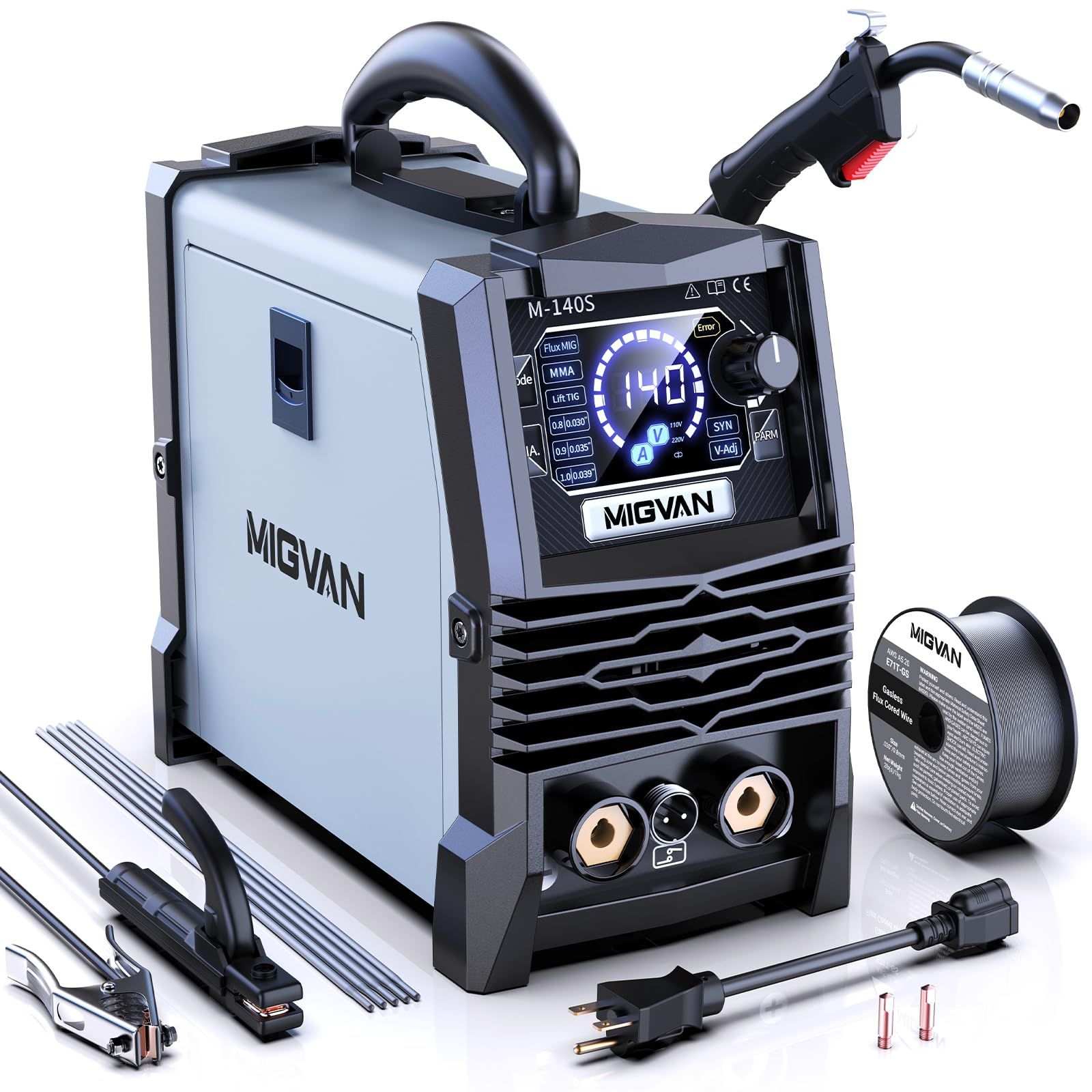R◆溶接機 100v 200v兼用 ノンガス半自動 140A 使用率60％ 1台3役 家庭用 半自動溶接機 板厚8mmまで ノンガスMIG アーク手棒 Lift TIG 溶接 DIYの溶接初心者向け インバーター搭載 安定アーク 電流 電圧調 453f08e3