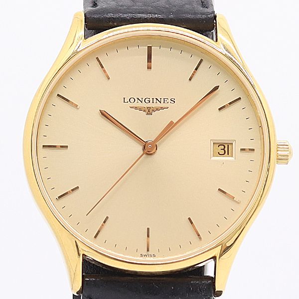 良品 稼働 ロンジン リール L4.759.2 QZ デイト ゴールド文字盤 メンズ腕時計 2000000 6KHG KZK ABC24635