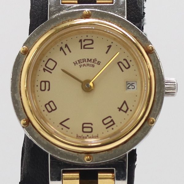 良品 稼動 エルメス クリッパー 626304 QZ デイト アイボリー文字盤 レディース腕時計 2000000 5JWY NAM ABC24691