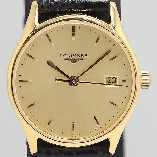 良品 稼働 ロンジン リール L4.259.2 QZ デイト ゴールド文字盤 メンズ腕時計 2000000 NSK MYT ABC24788