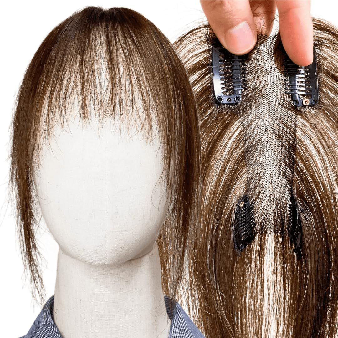 Luce brillare 部分ウィッグ ヘアピース ポイントウィッグ 女性 レディース 人毛100% かつら 前髪ウィッグ ショート トップピース トップカバー 前髪 つむじ 頭頂部 白髪カバー 医療用 [前髪カット(ナチュラルブラウン)] [12×6cm]