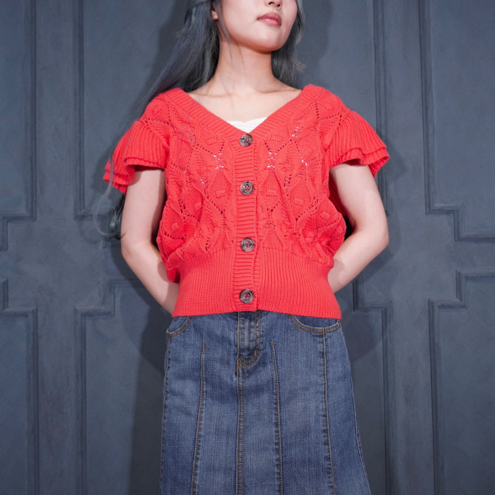 USA VINTAGE MARC NEW YORK ANOREW MARC FRILL SLEEVE DESIGN HALF SLEEVE SUMMER KNIT CARDIGAN/アメリカ古着フリル袖デザイン半袖サマーニットカーディガン