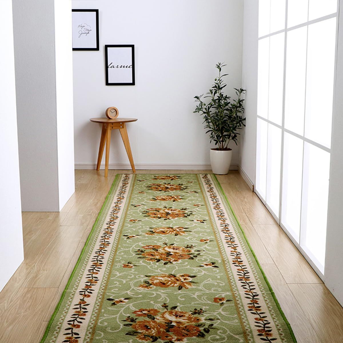 新品 イケヒコ 廊下敷き マット 花柄 エレガンス 撥水 キャンベル グリーン 約60×540cm #4730339
