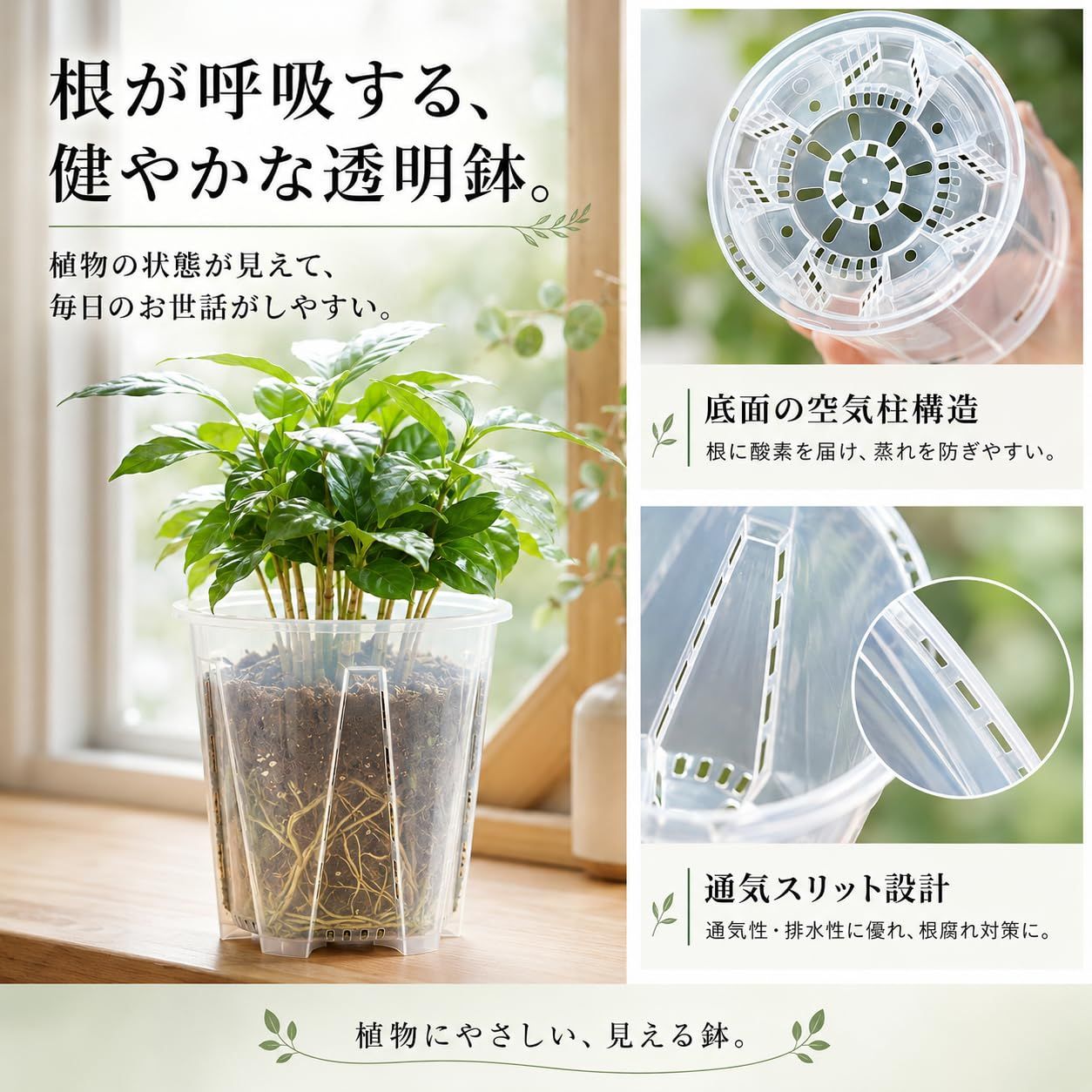 Mitoland 植木鉢 透明 プラスチック製 スリット 受け皿セット 5個組 